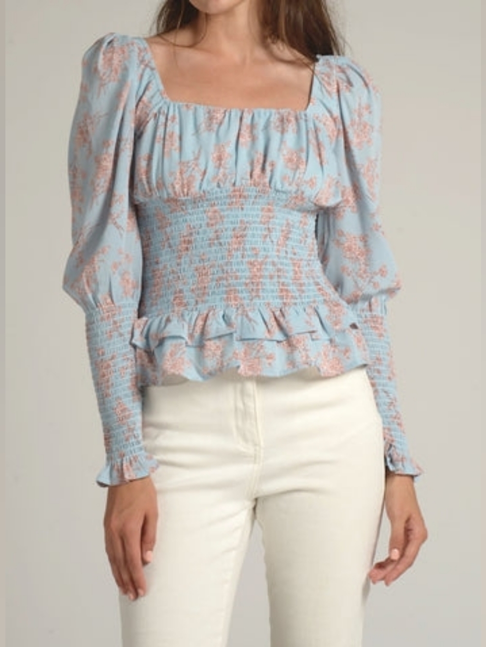 Cistar Blue Floral Print Smocked Waist Puff Sleeve Top ** Size L